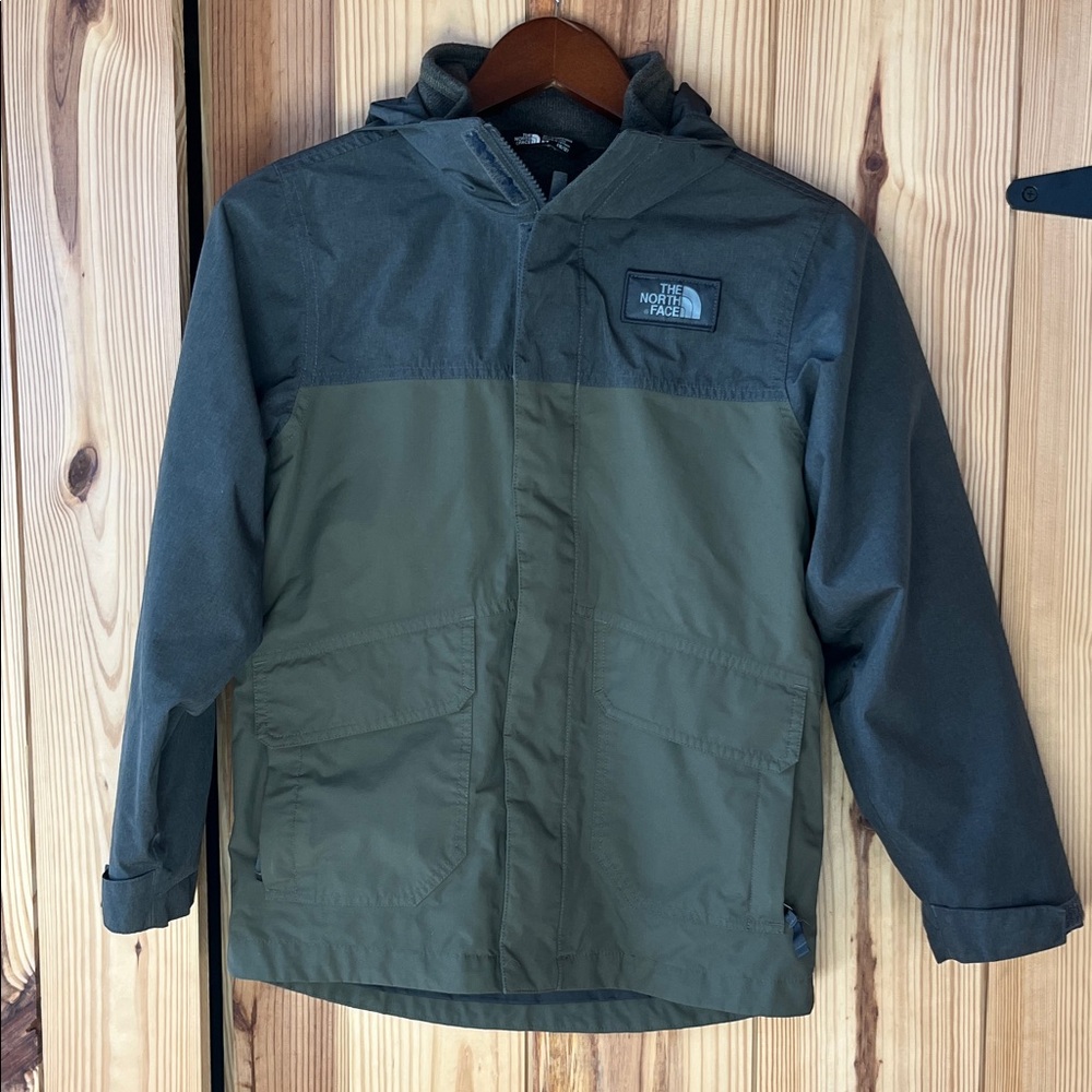 The North Face Olive and Charcoal Hooded coat with shell/liner